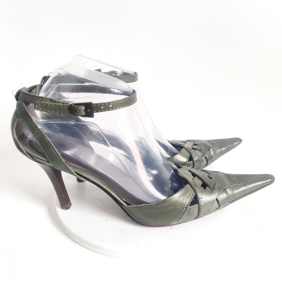 Aldo Heels Size 9 Y2K 90s Olive Green Leather Pointy Toe Ankle Strap Stiletto - Picture 2 of 11